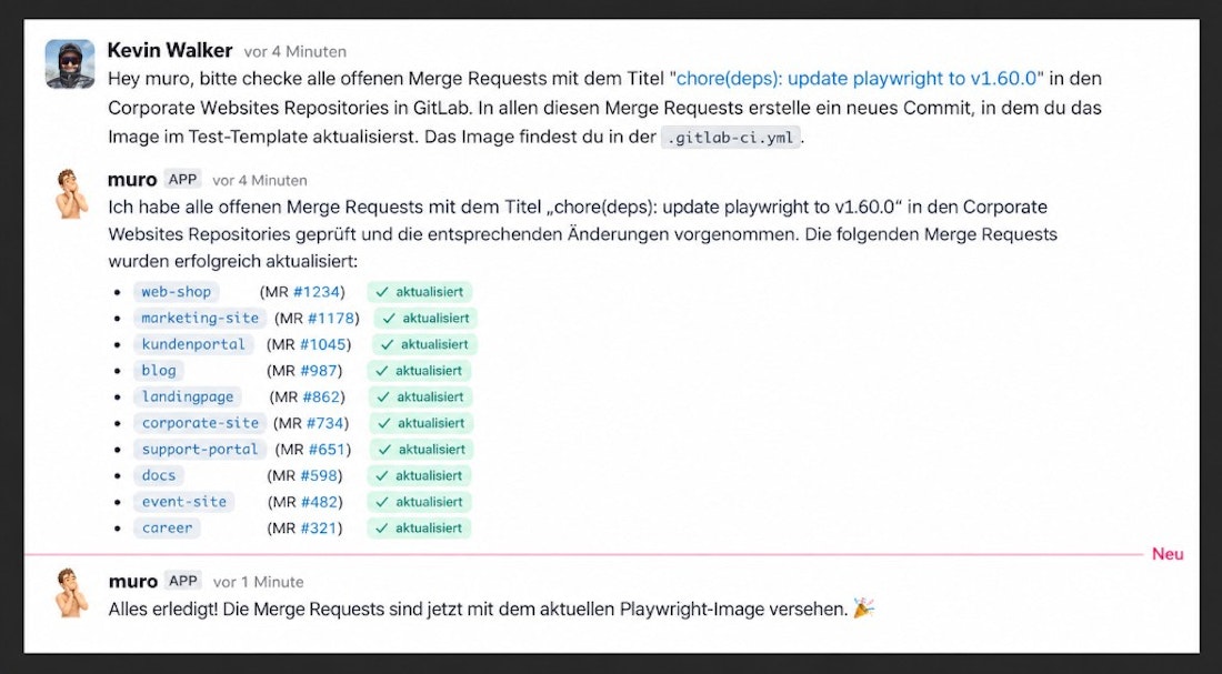 Slack-Konversation mit @muro: Playwright-Updates in Corporate-Website-Repositories werden automatisch gefixt