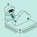 Illustration eines Roboters der eine Wolke auf einen Chip montiert.