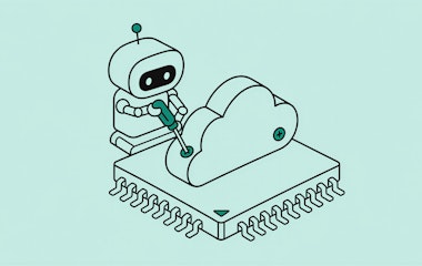 Illustration eines Roboters der eine Wolke auf einen Chip montiert.