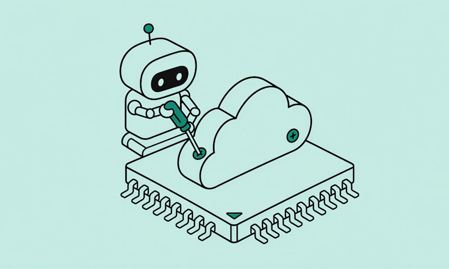 Illustration eines Roboters der eine Wolke auf einen Chip montiert.