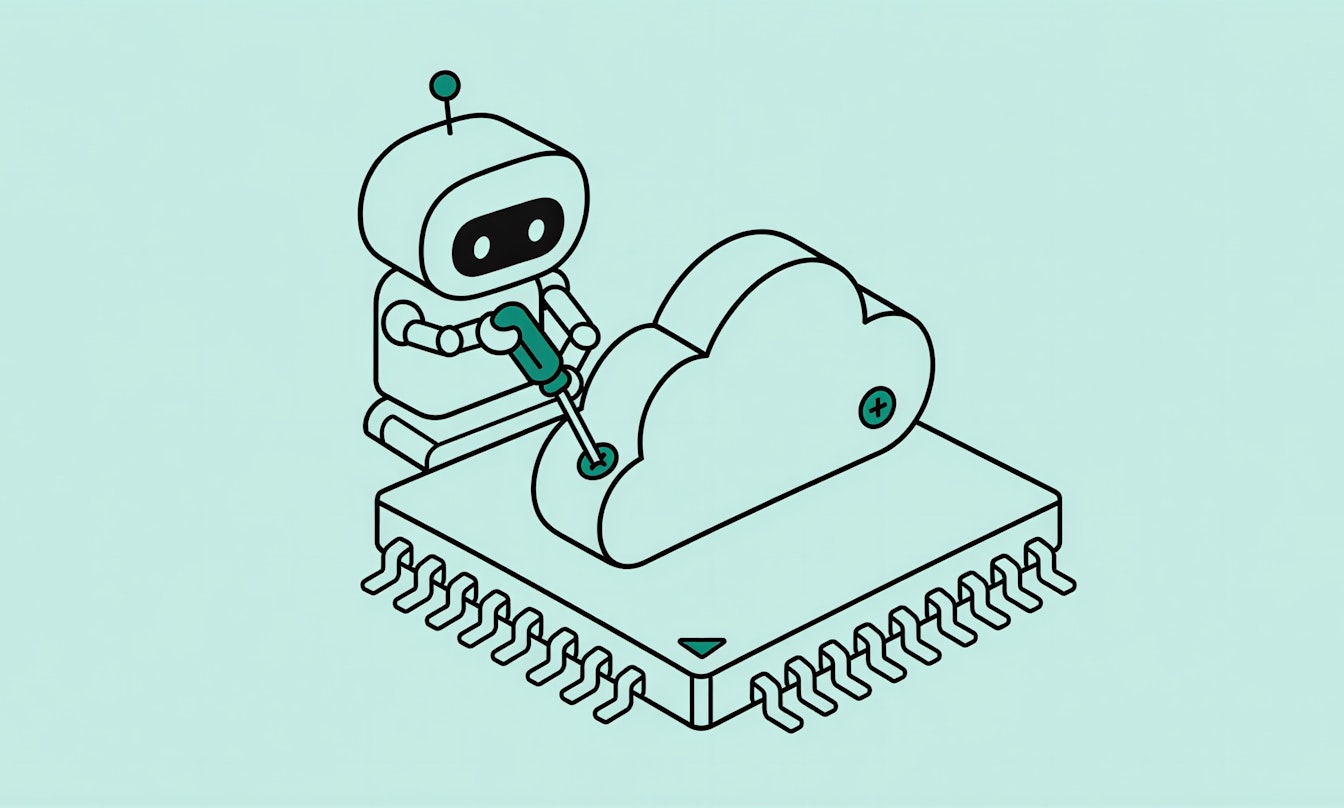 Illustration eines Roboters der eine Wolke auf einen Chip montiert.