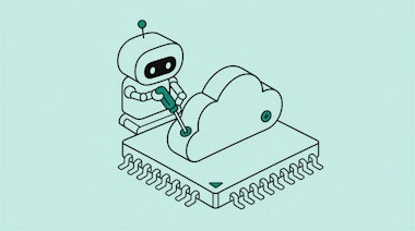 Illustration eines Roboters der eine Wolke auf einen Chip montiert.
