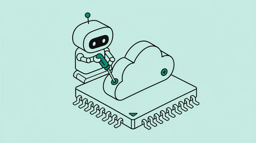 Illustration eines Roboters der eine Wolke auf einen Chip montiert.