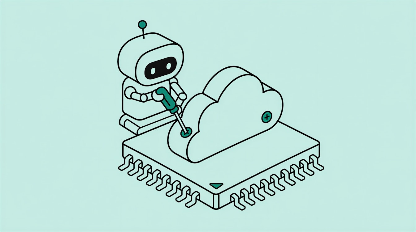 Illustration eines Roboters der eine Wolke auf einen Chip montiert.