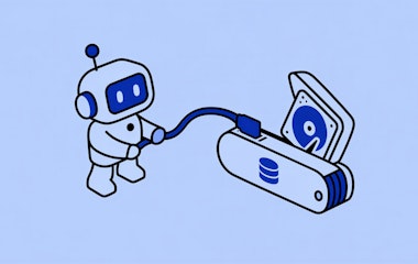 UÎllustration eines Roboters der an einem System arbeitet.