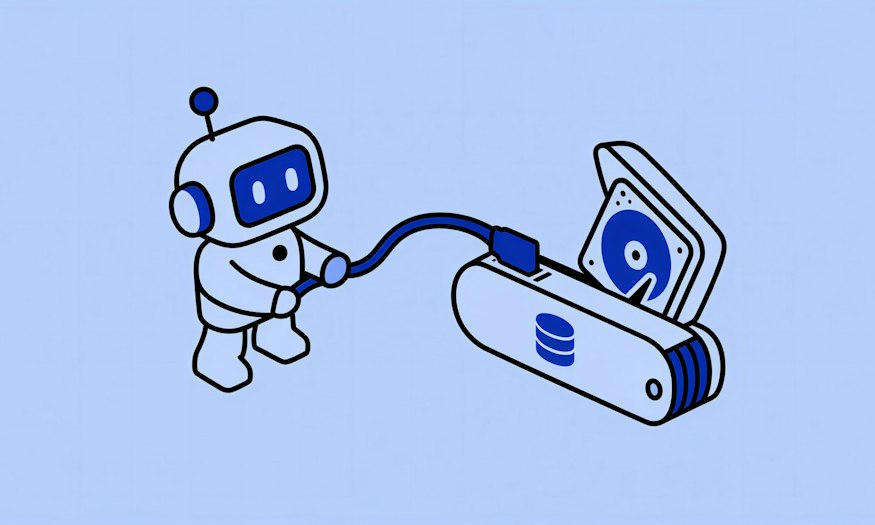 UÎllustration eines Roboters der an einem System arbeitet.