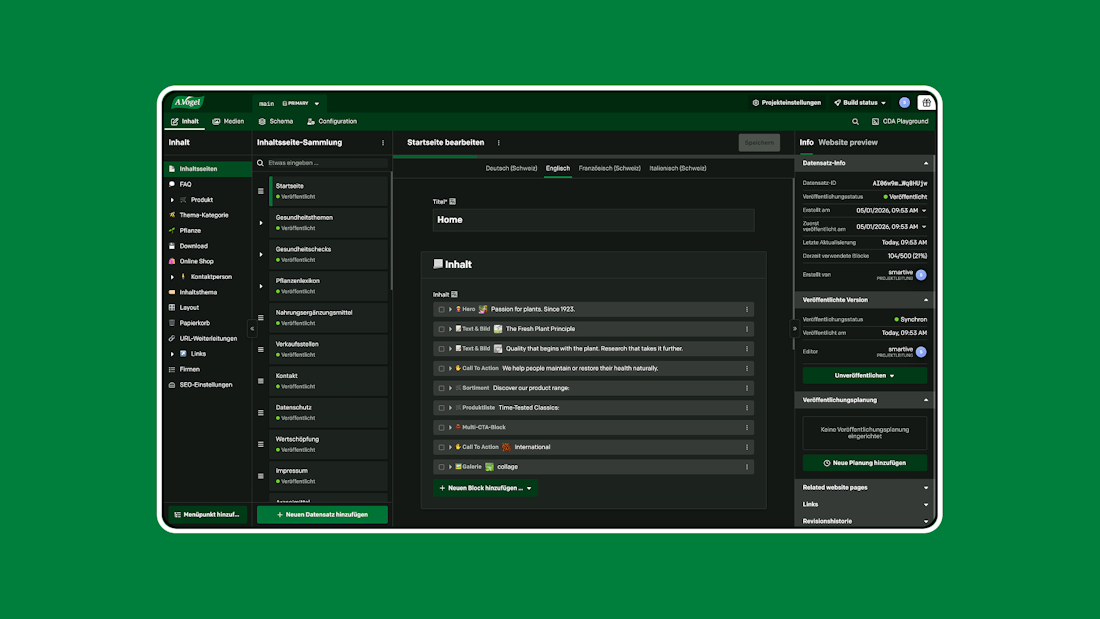 Flexible Inhaltselemente auf der Startseite CMS-Editor: Startseite aus flexiblen Inhaltselementen wie Hero, Text und Bild, CTA und Produktliste