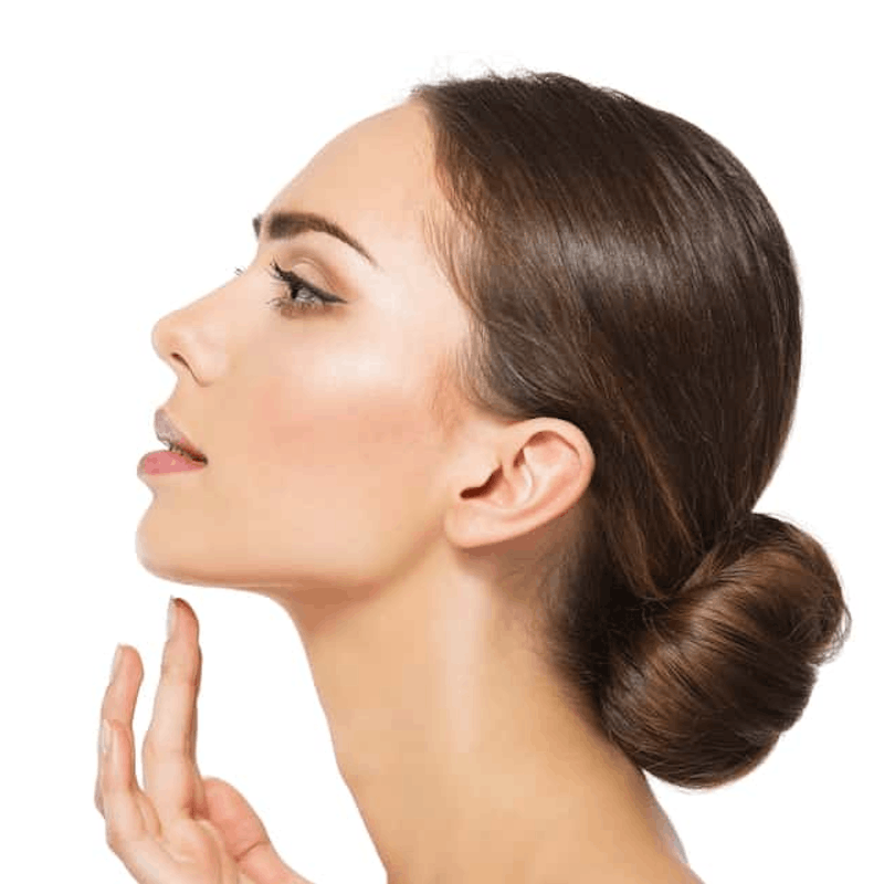 woman about to touch chin