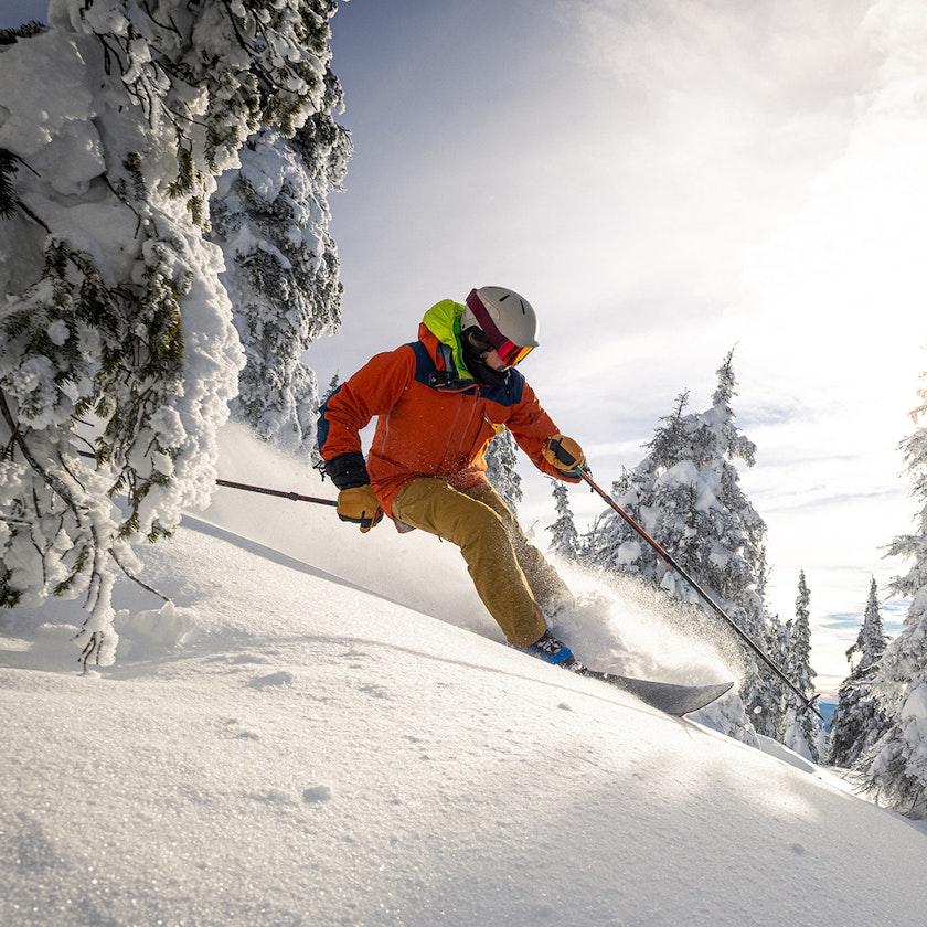 Packages Sleep and Ski Skifahrer im Pulverschnee zwischen verschneiten Tannen