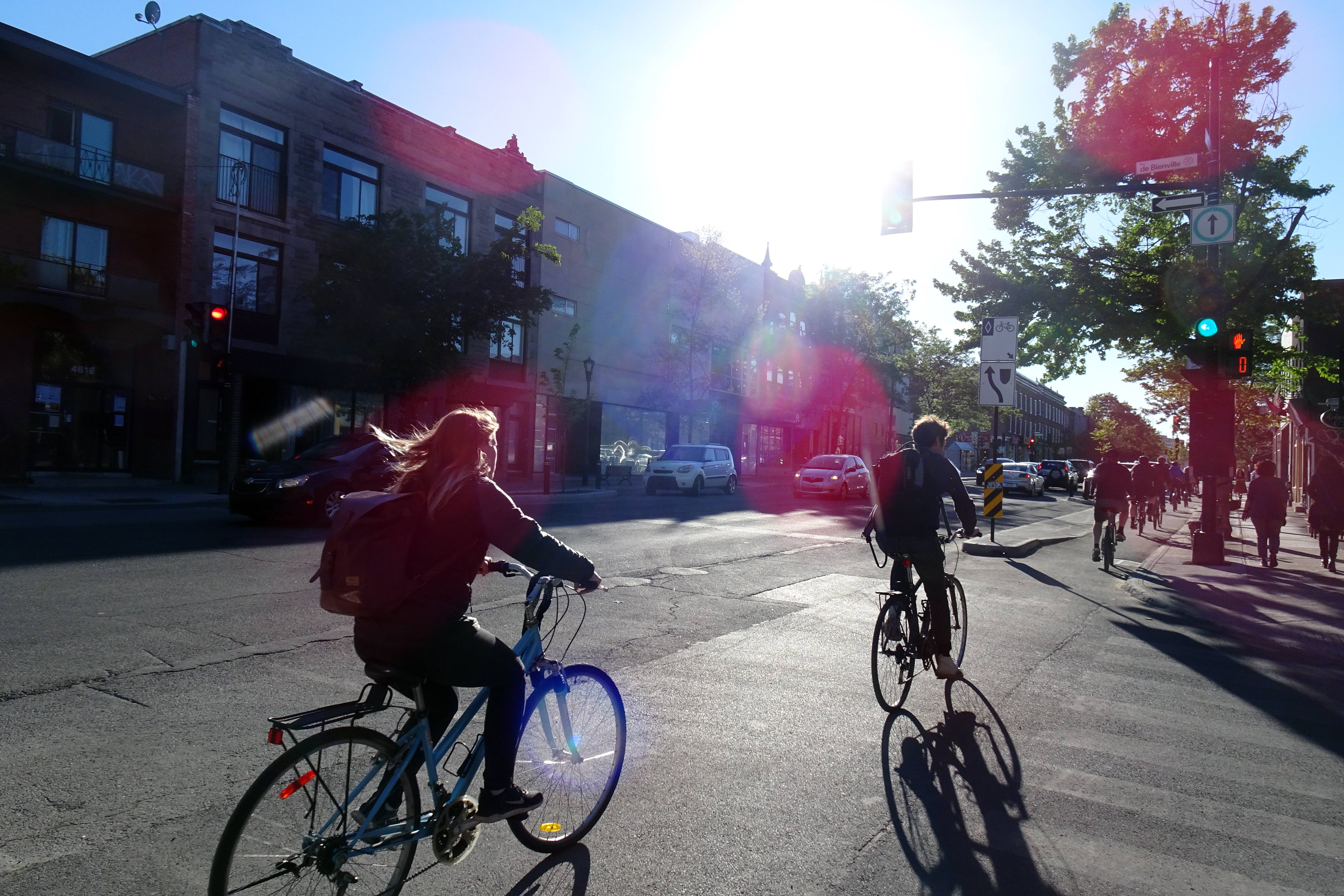 Many cyclists on a protected cycle lane