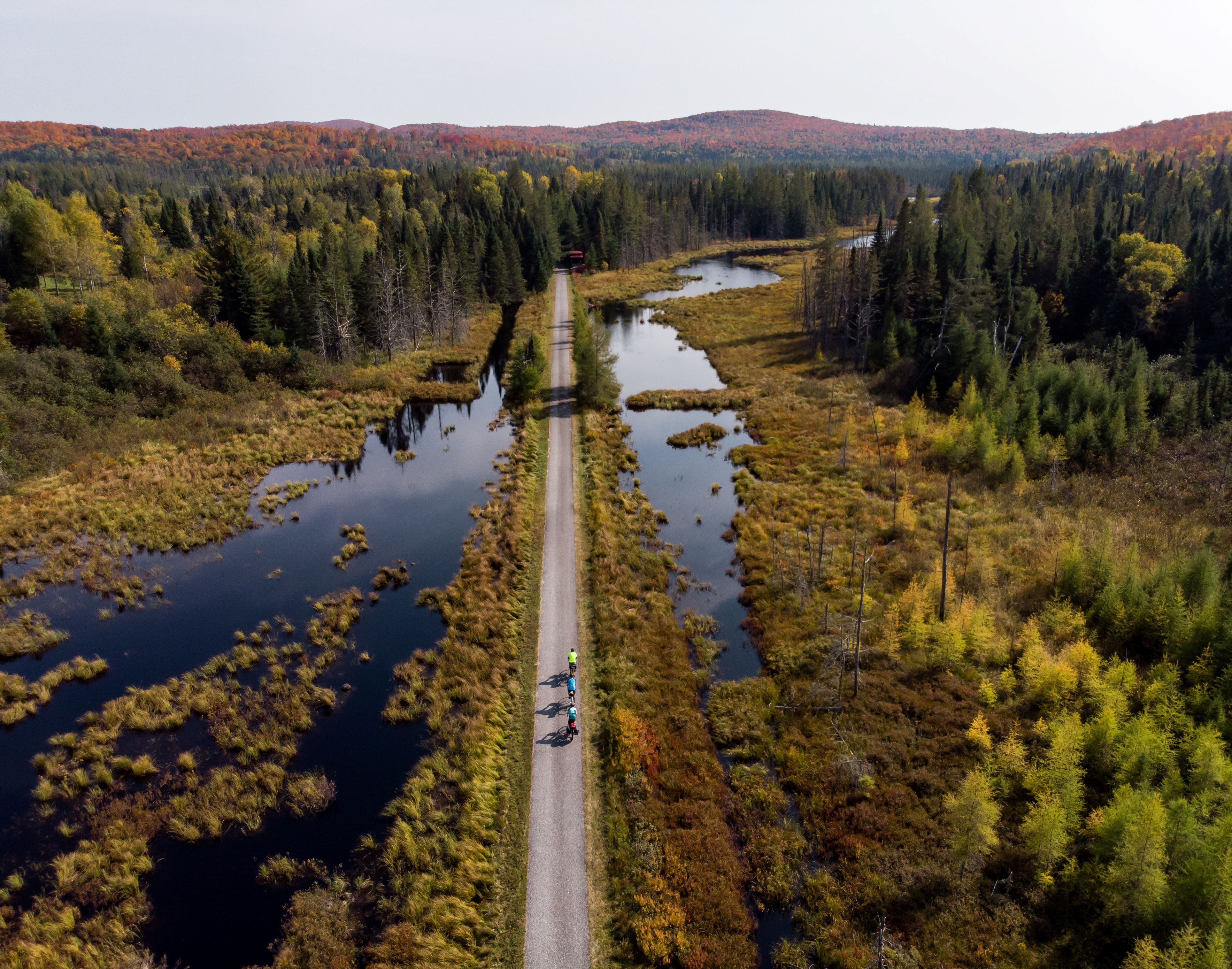 Cyclists on the P'tit Train du Nord, crossing wetlands, seen from above