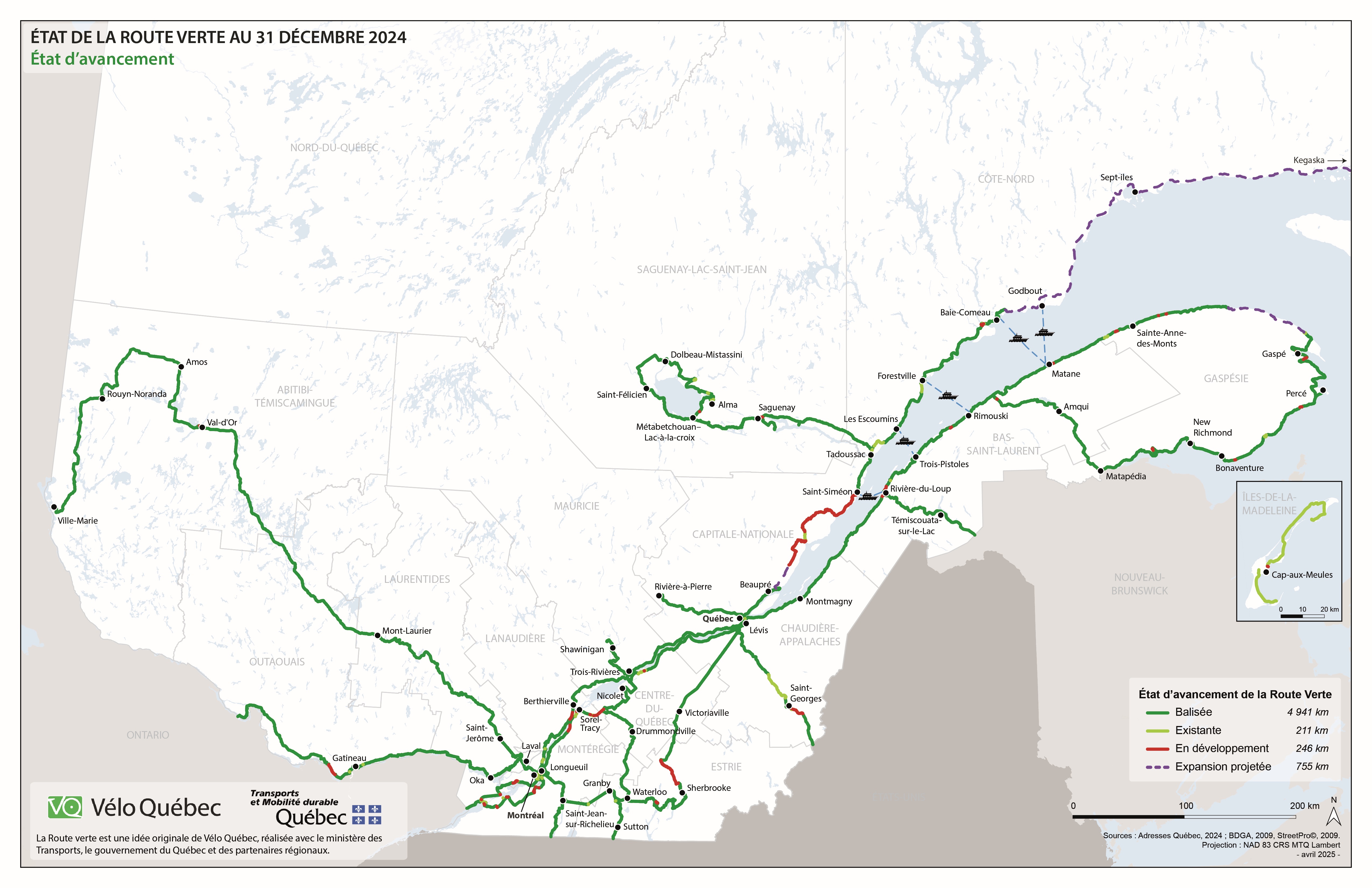 Carte du québec montrant l'état d'avancement de la Route verte (zones balisées, existantes mais non-balisées, en développement ou projetées)