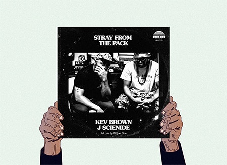 Illustration of hands holding Kev Brown album