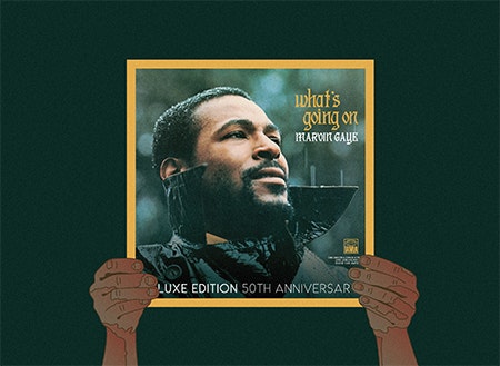 Illustration of hands holding Marvin Gaye album