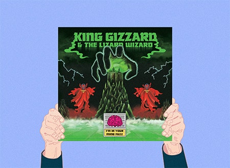 Illustration of hands holding King Gizard and the Lizard Wizard album