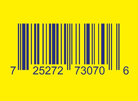 Scannable Blue barcode on a bright yellow background