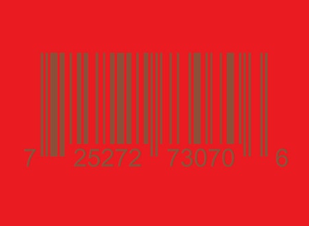 Gold barcode on a bold red background