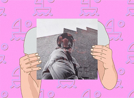 Illustration of hands holding Aldous Harding album cover