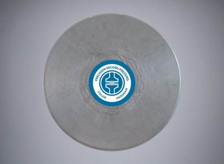A-side view of a metallic silver vinyl record.
