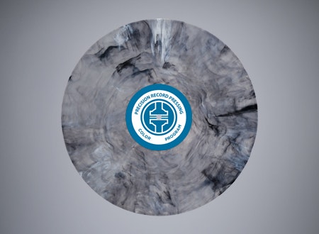 A-side view of a black, white and grey swirling vinyl record.