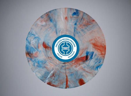 A-side view of a red, white and blue swirling vinyl record.