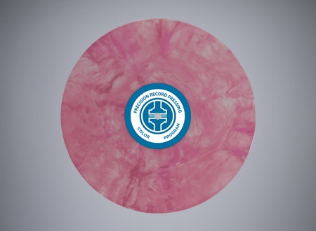 A-side view of a pink and white swirling vinyl record.