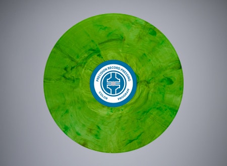A-side view of a greens swirling vinyl record.