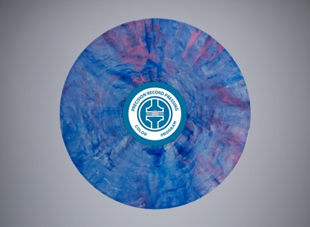 A-side view of a pink, purple and blue swirling vinyl record.