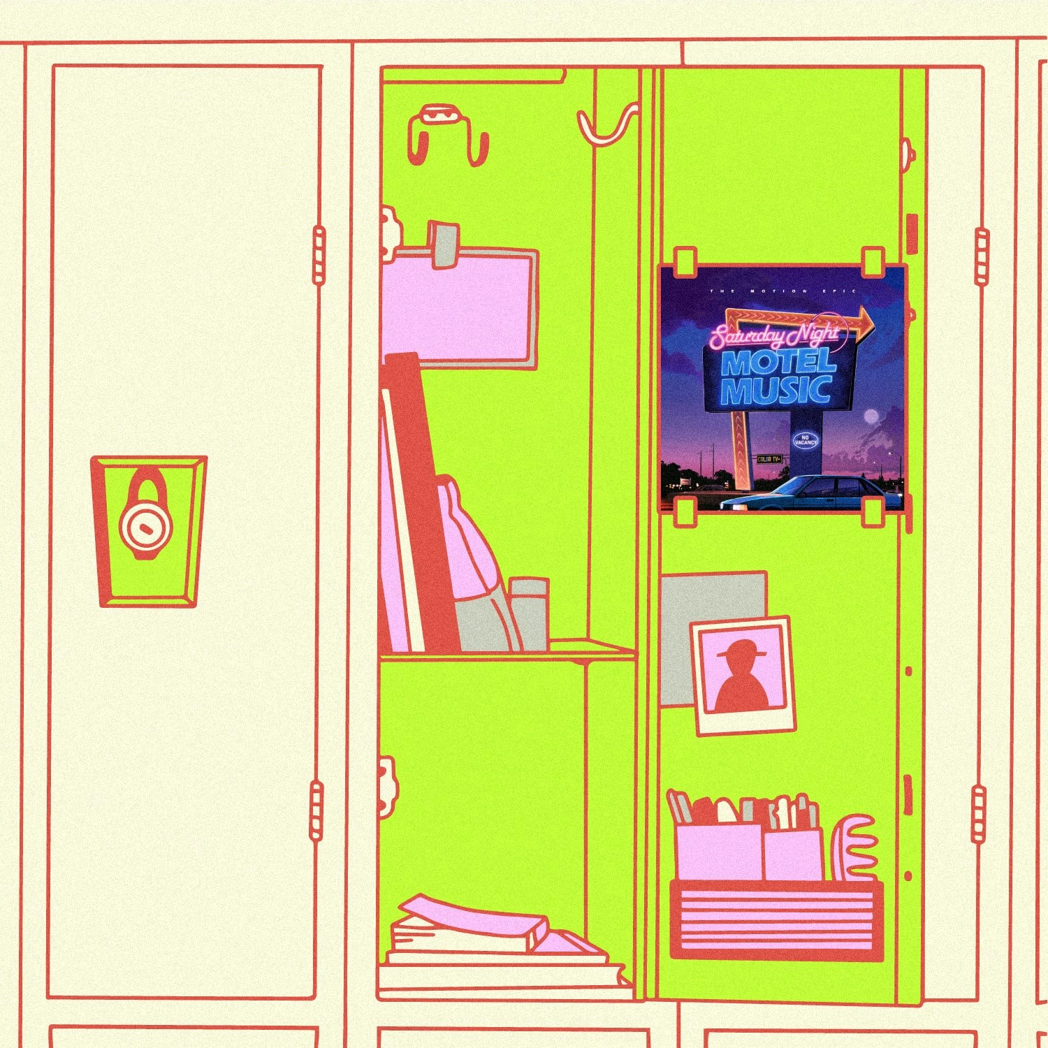 Max_Motion.jpeg Illustration of lockers with the the album art for The Motion Epic - Saturday Night Motel Music inside