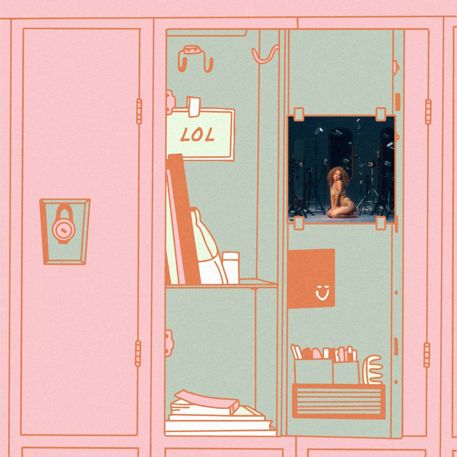 Simon_2023_Staff_Pick.jpeg Illustration of lockers with the the album art for Kiana Ledé - Grudges.