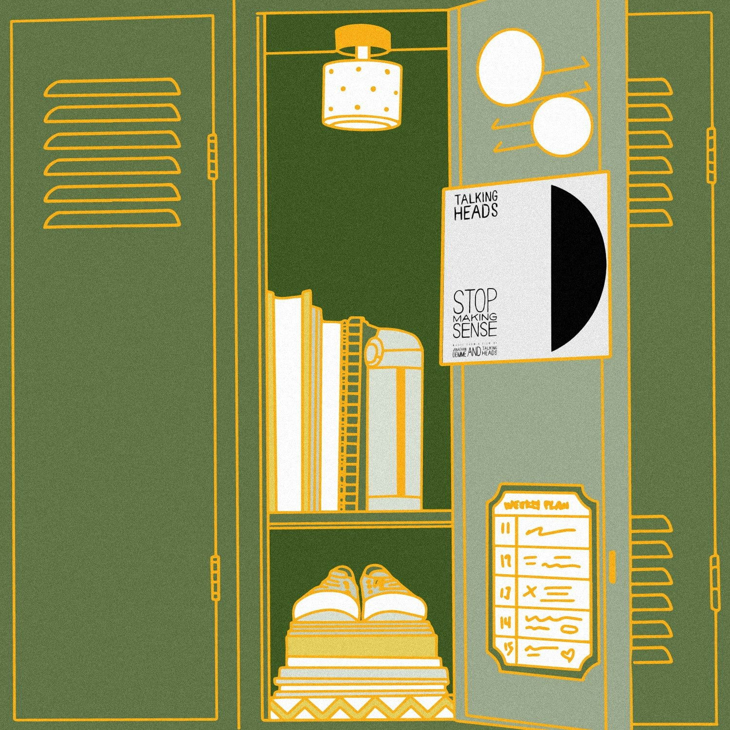 Rachel_2023_Staff_Pick.jpeg Illustration of lockers with the the album art for Talking Heads - Stop Making Sense.