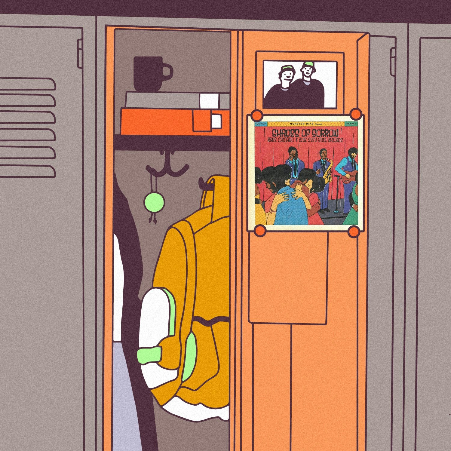 Illustration of lockers with the the album art for Shades of Sorrow - Volume One.