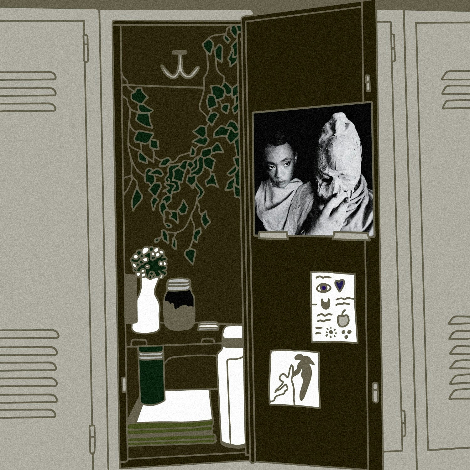 Illustration of lockers with the the album art for Protomartyr - Formal Growth In The Desert.