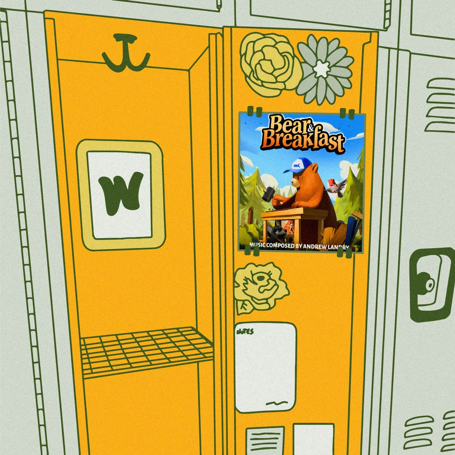 Wing_2023_Staff_Pick.jpeg Illustration of lockers with the the album art for Andrew Landry - Bear and Breakfast