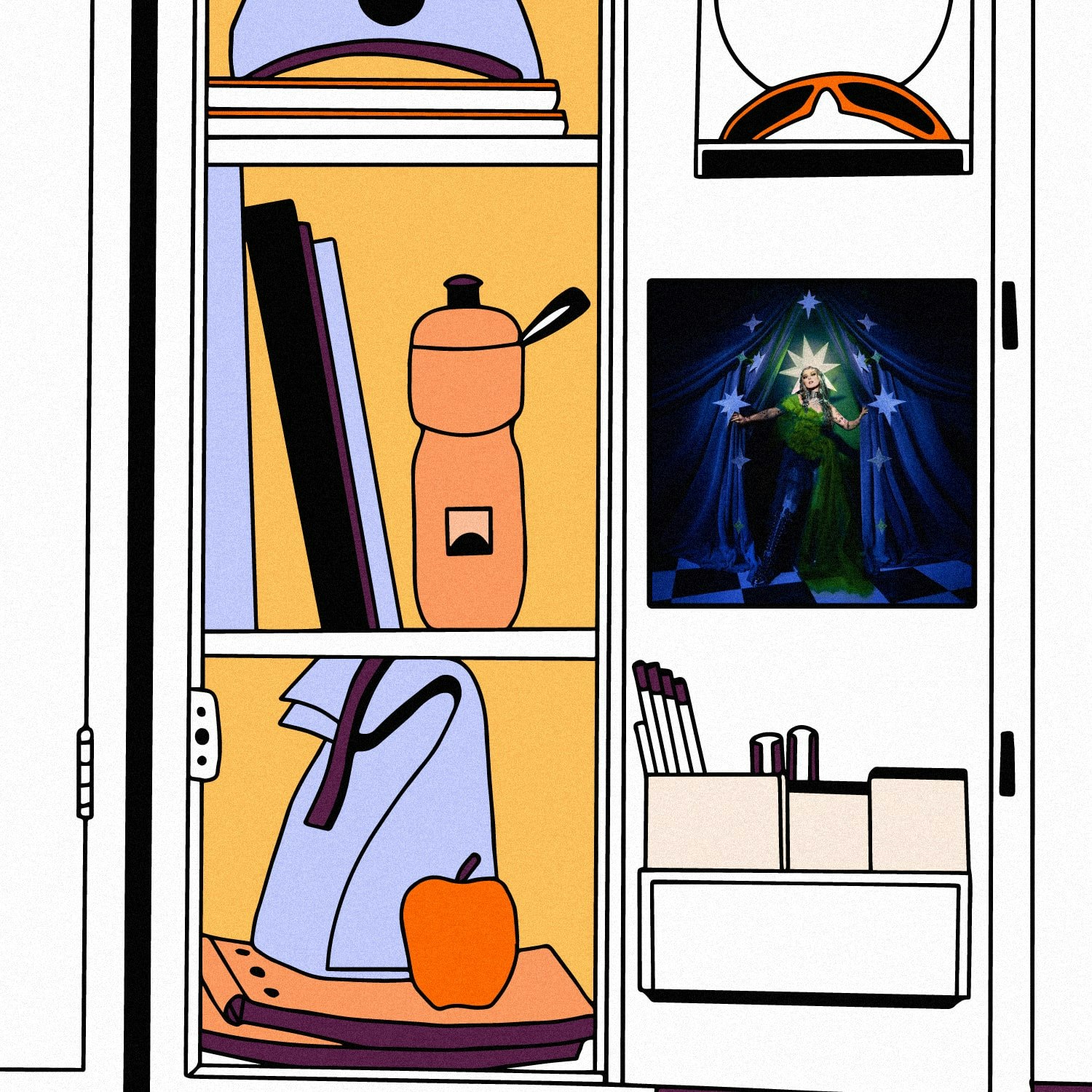 Amy_2023_Staff_Pick.jpeg Illustration of lockers with the the album art for Mothica – Nocturnal.