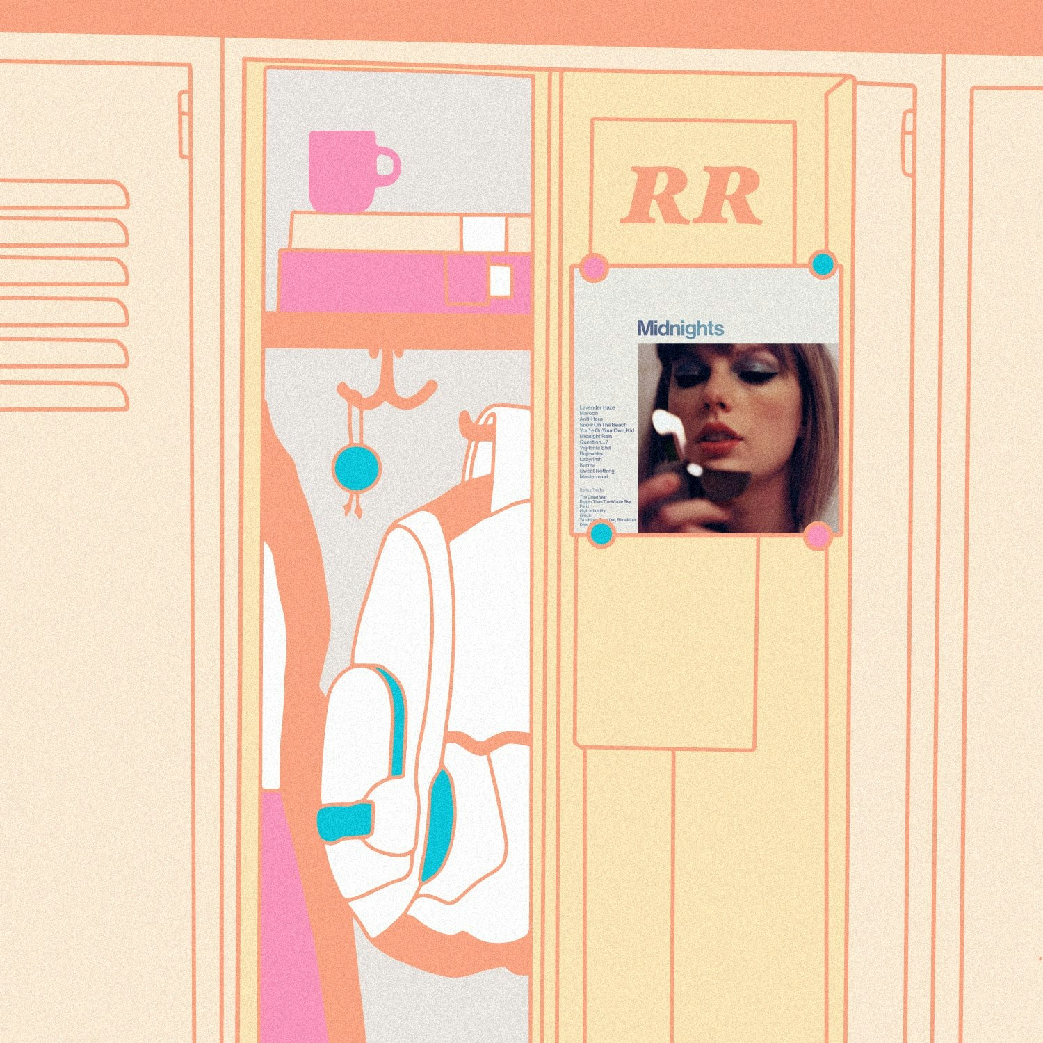 Robyn_2023_Staff_Pick.jpeg Illustration of lockers with the the album art for Taylor Swift - Midnights.