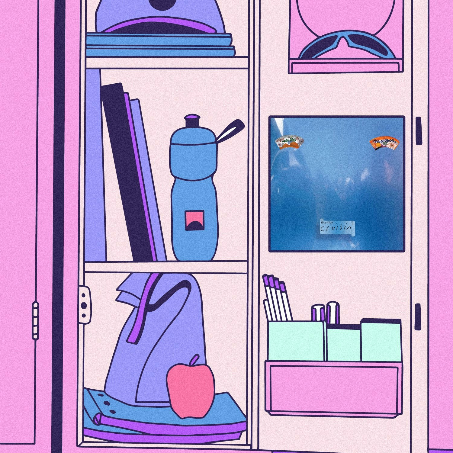 Illustration of lockers with the the album art for Bernice - Cruisin'.