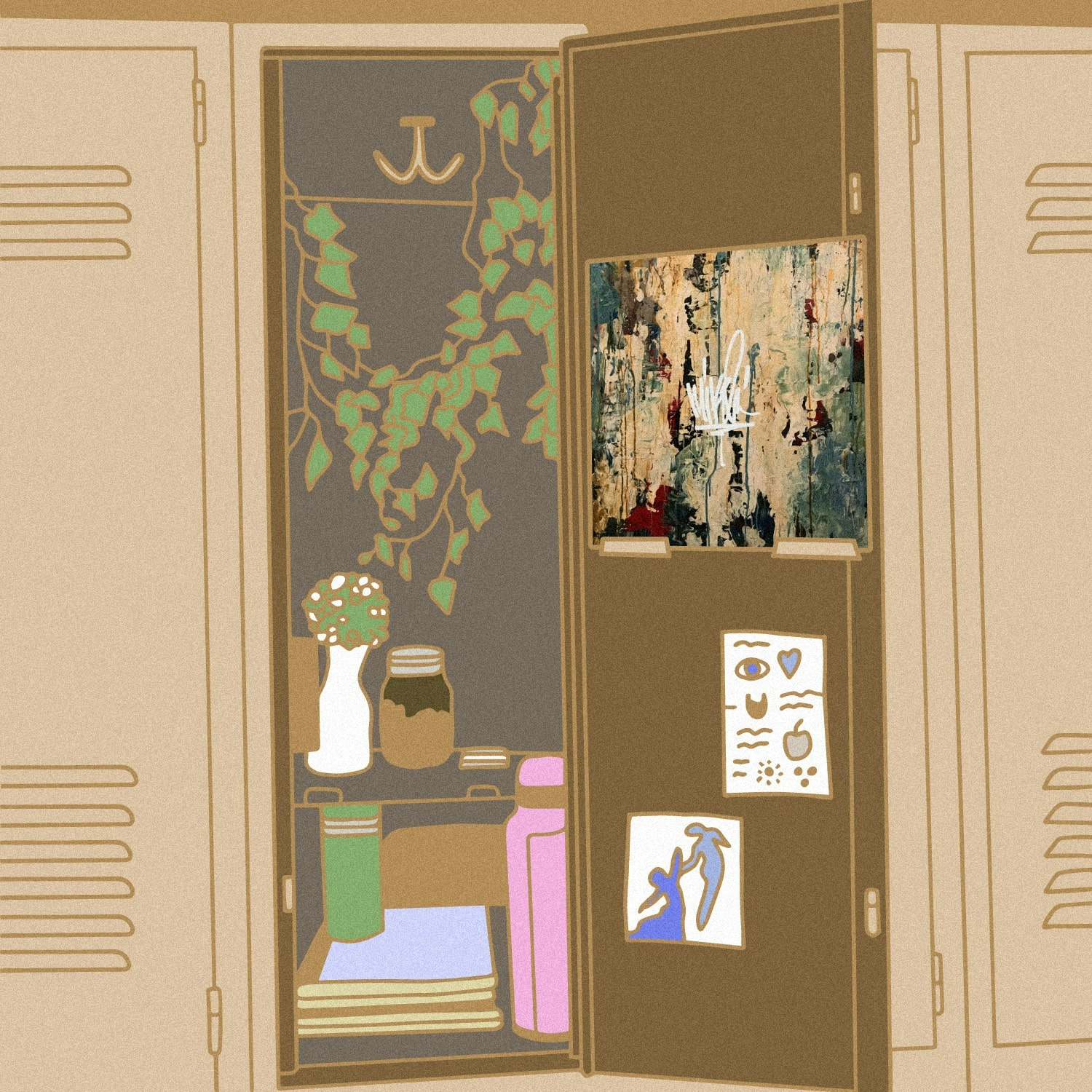 Kevin_2023_Staff_Pick.jpeg Illustration of lockers with the the album art for Mike Shinoda - Post Traumatic.