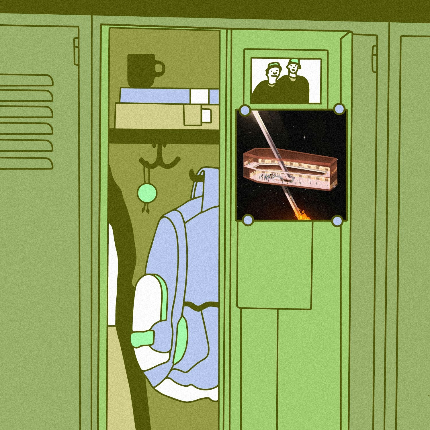 Beth_2023_Staff_Pick.jpeg Illustration of lockers with the the album art for Best Frenz – The Mall.