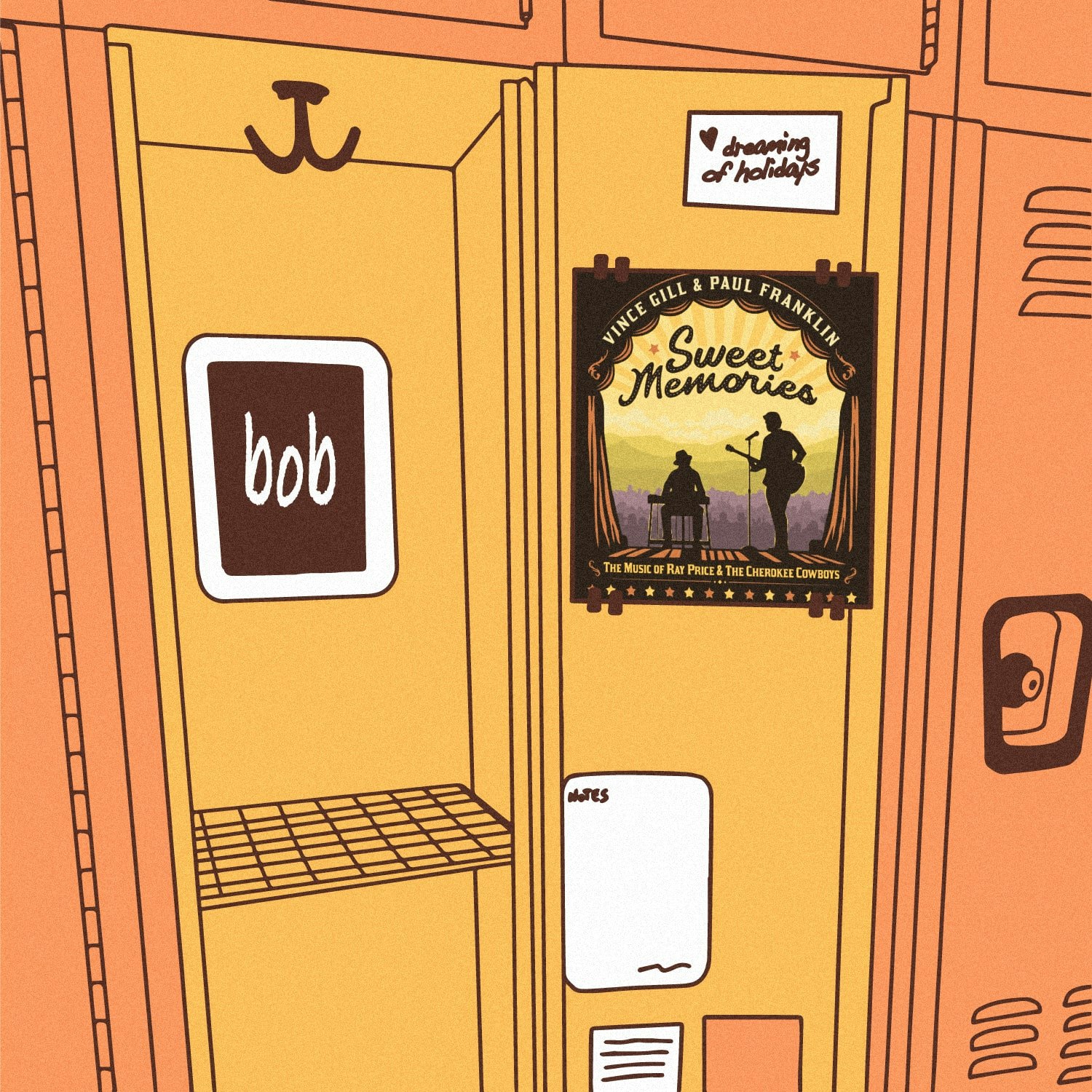 Bob_2023_Staff_Pick.jpeg Illustration of lockers with the the album art for Vince Gill & Paul Franklin - Sweet Memories: The Music Of Ray Price & The Cherokee Cowboys.