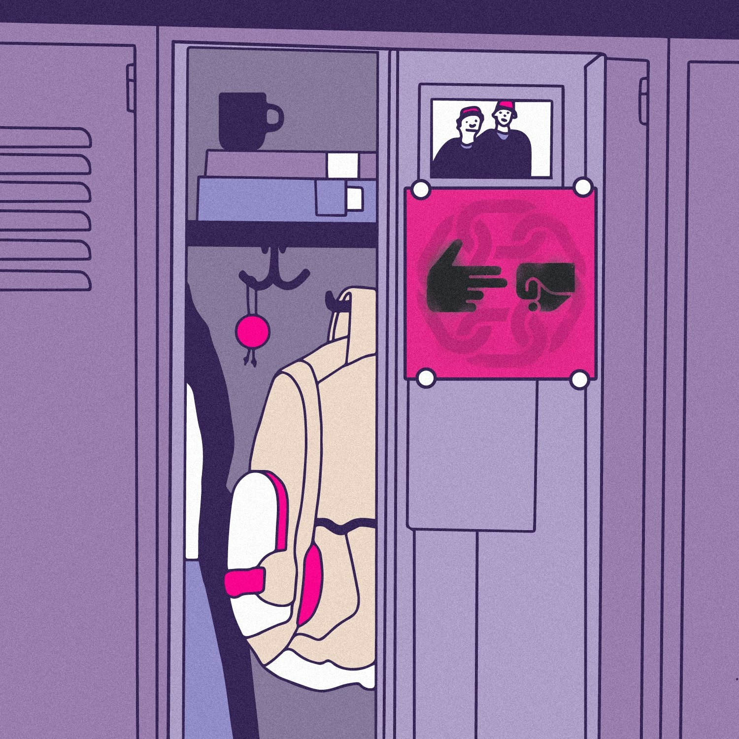 Illustration of lockers with the the album art for Run The Jewels - RTJ CU4TRO