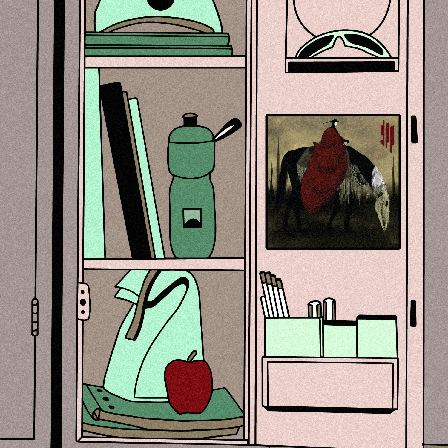 Kateryna_2023_Staff_Pick.jpeg Illustration of lockers with the the album art for Skrillex - Quest For Fire