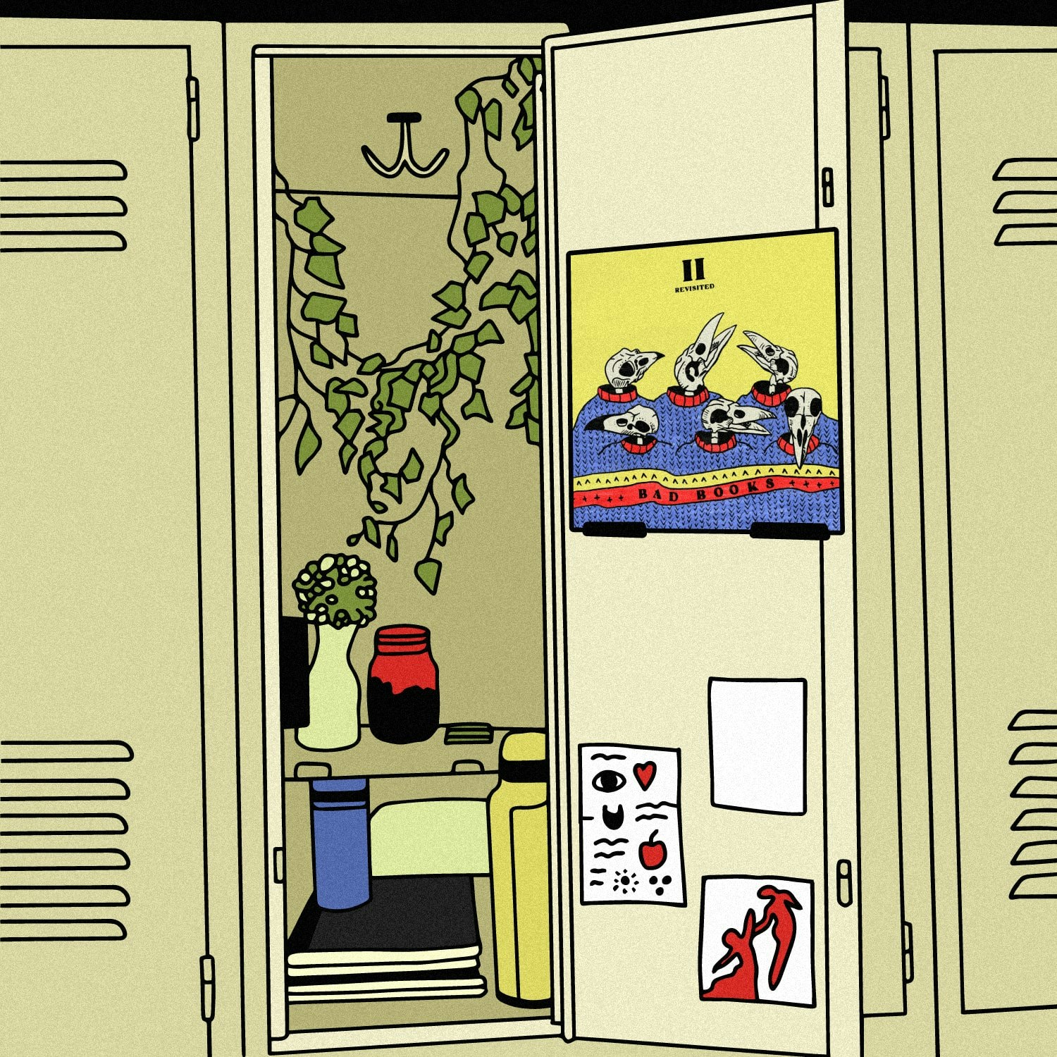 Kaleb_2023_Staff_Pick.jpeg Illustration of lockers with the the album art for Bad Books - II: Revisited