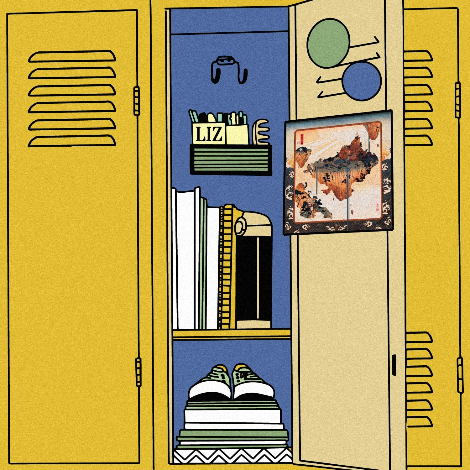 Liz_2023_Staff_Pick.jpeg Illustration of lockers with the the album art for Malcolm Robinson - Symphony of Zeal