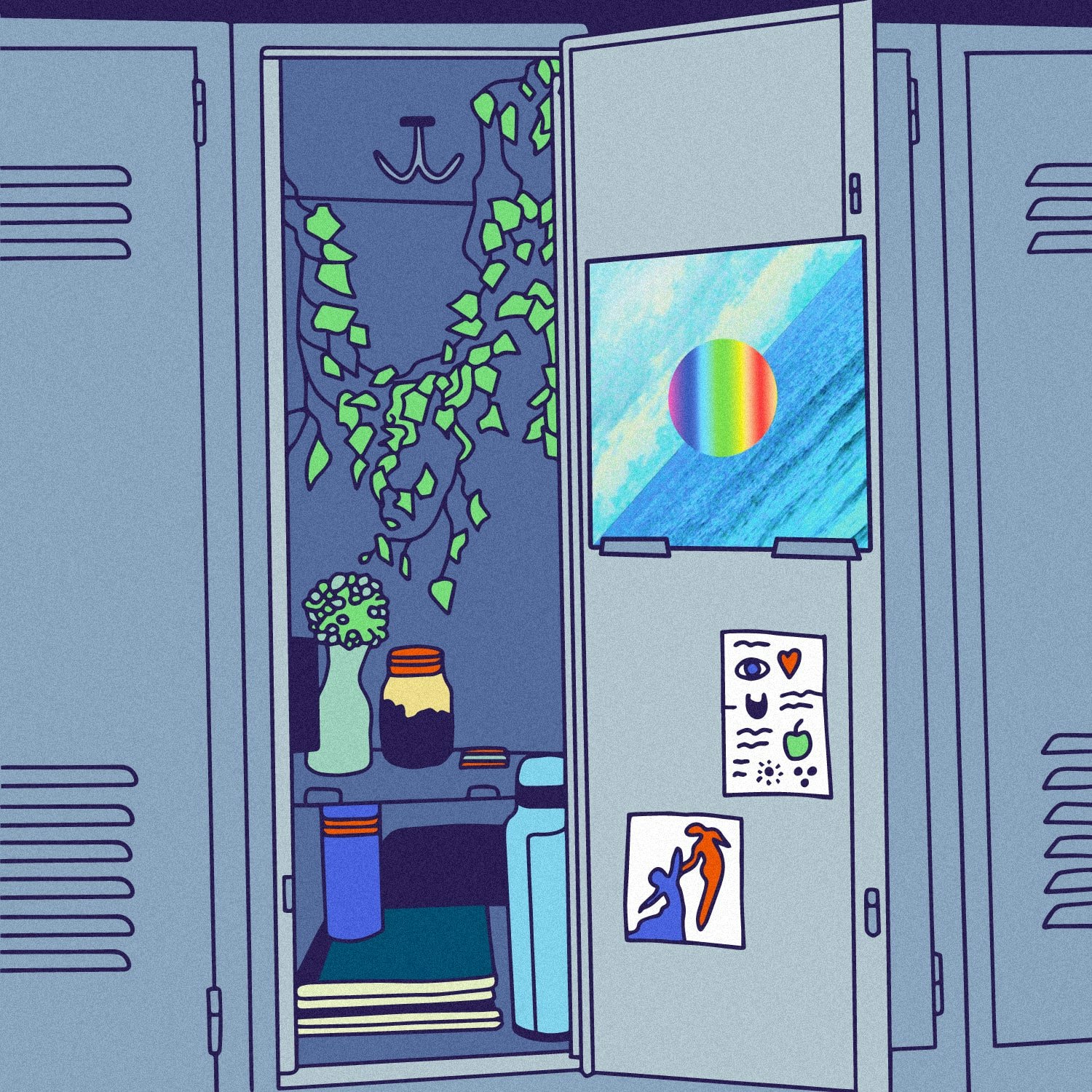 Sydney_2023_Staff_Pick.jpeg Illustration of lockers with the the album art for Edward Sharpe and The Magnetic Zeros - Here