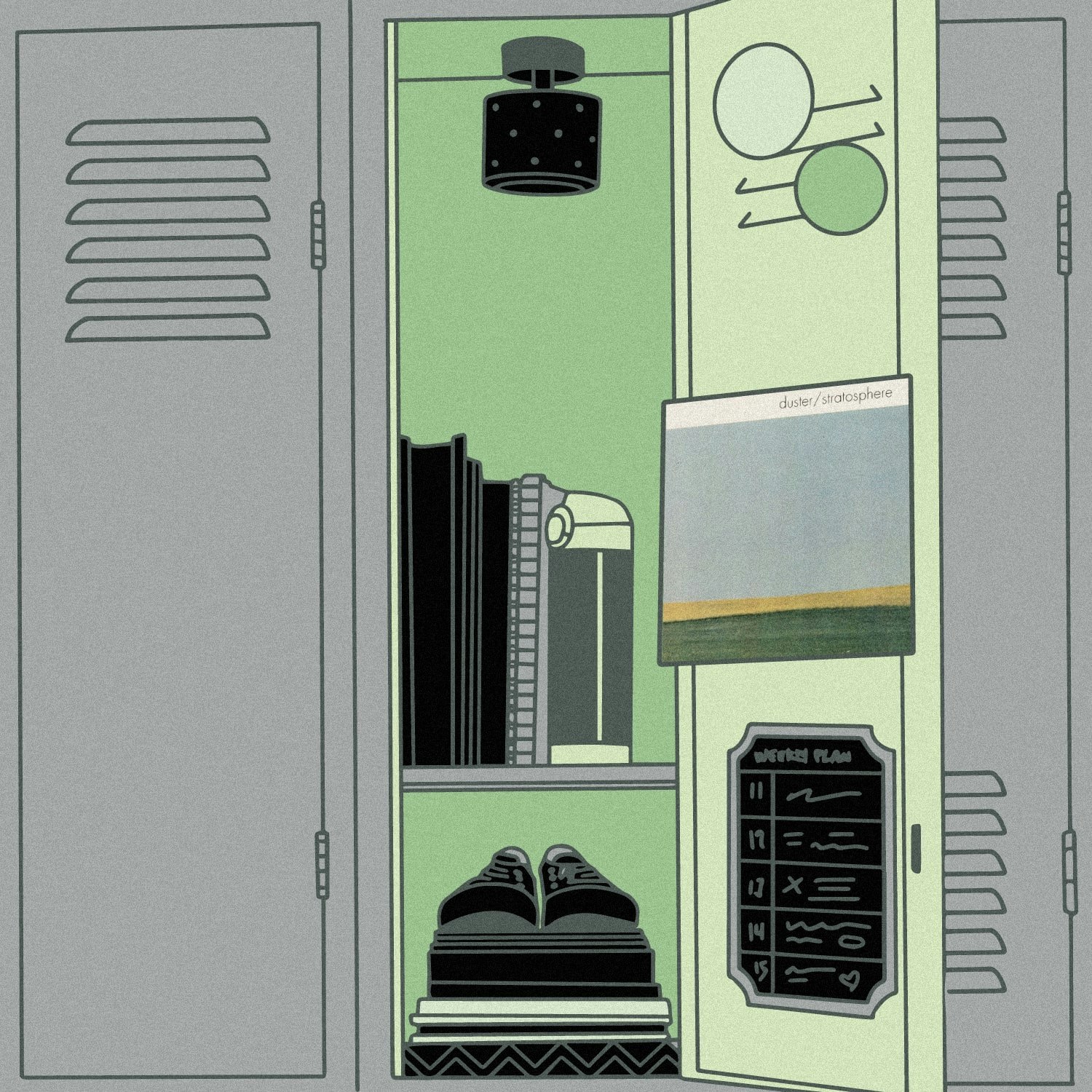 Illustration of lockers with the the album art for Duster - Stratosphere 25th Anniversary