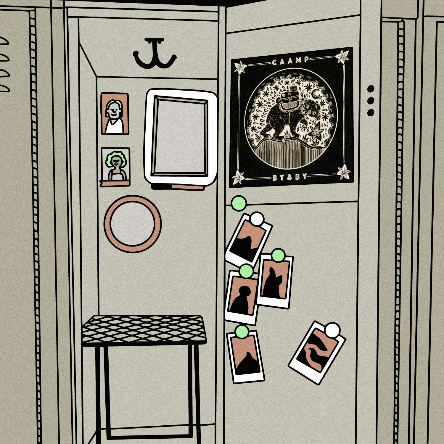 Gabby_2023_Staff_Pick.jpeg Illustration of lockers with the the album art for Caamp - By & By