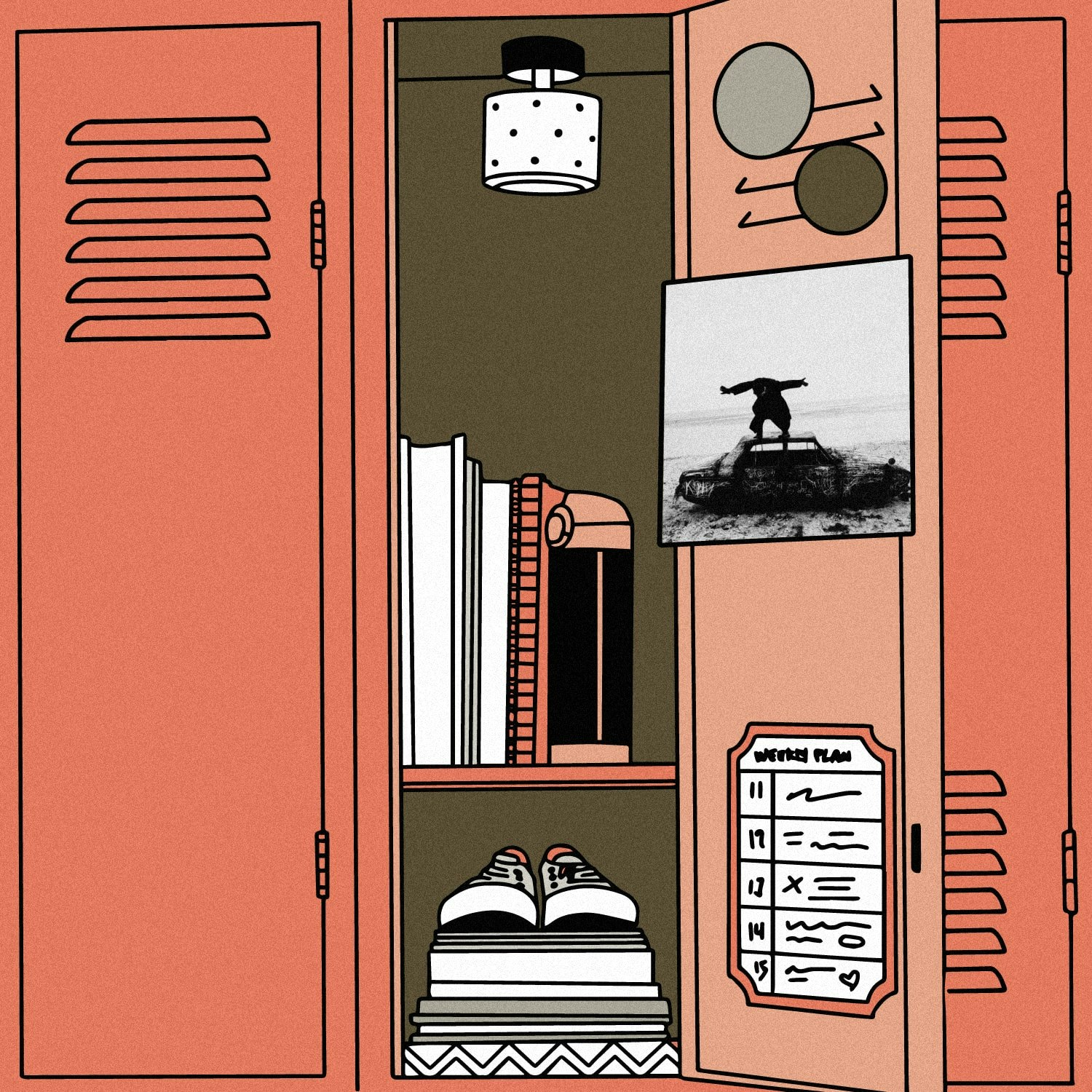 Paula_2023_Staff_Pick.jpeg Illustration of lockers with the the album art for The 1975 - Being Funny In A Foreign Language