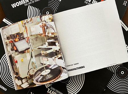 WIV-Book-2.png Open book view of 'Women in Vinyl: The Art of Making Vinyl' book