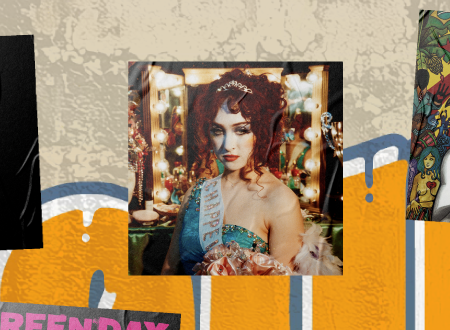 Album art cover for Chappell Roan's The Rise and Fall of a Midwest Princess plastered on a beach wall.